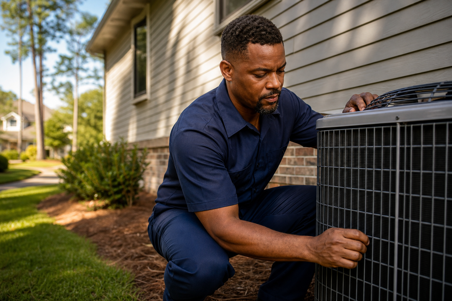 HVAC technician inspecting a residential air-conditioning condenser